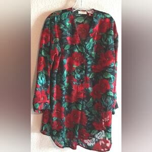 Victoria's Secret 90's Floral Burnout Pajama Dress Sheer Red Green Nightshirt M
